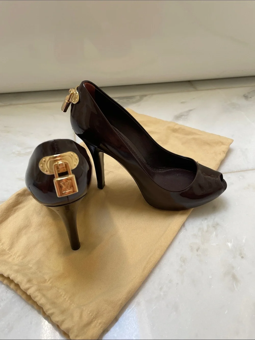 Louis Vuitton Brown Patent Peep-Toe Stiletto Heels with Gold Hardware